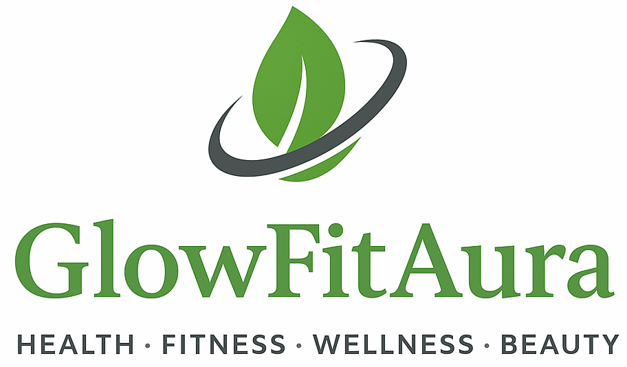 GlowFitAura logo featuring a green leaf and energy curve symbolizing health, fitness, wellness, and beauty.